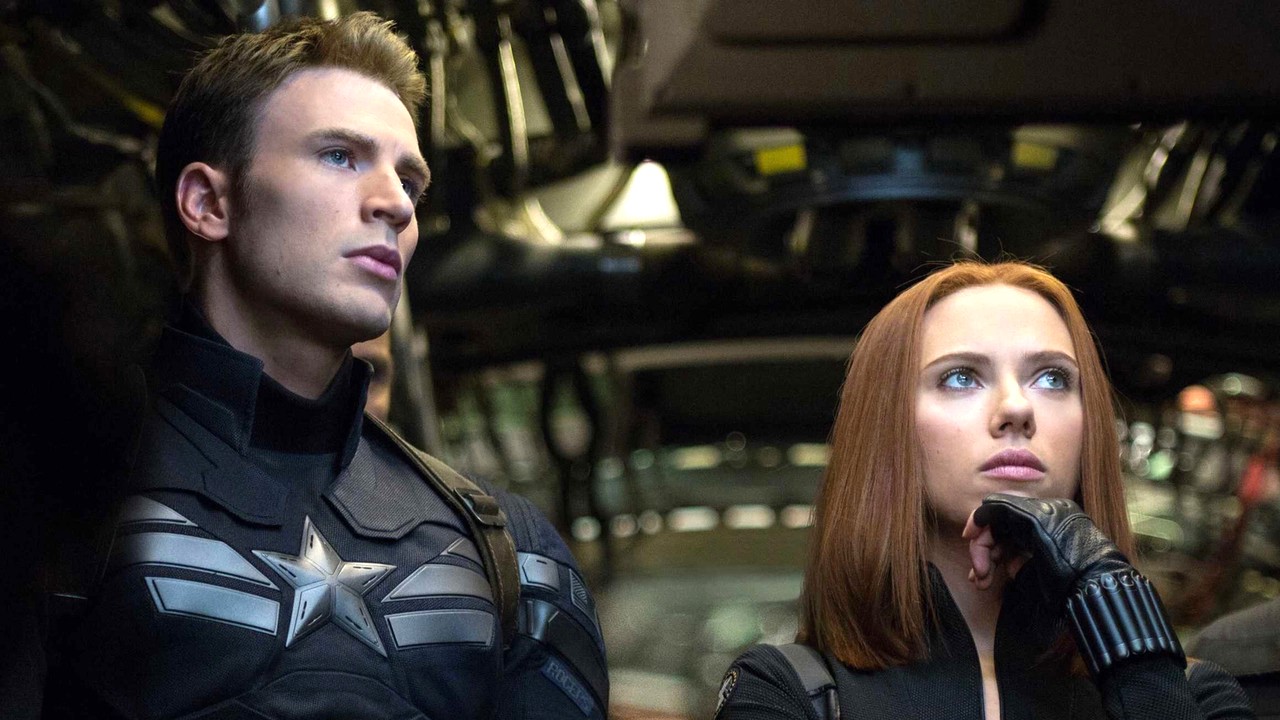Chris Evans and Scarlett Johansson as Steve Rogers and Black Widow in 'Captain America: The Winter Soldier'