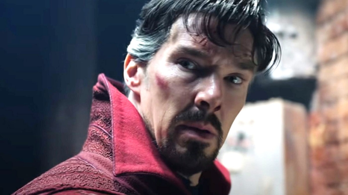 Benedict Cumberbatch looks over his shoulder in shock in Doctor Strange in the Multiverse of Madness.