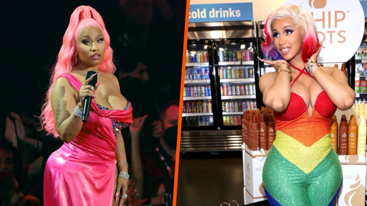 Nicki Minaj appears on a stage in a collage next to another image of Cardi B in a store.