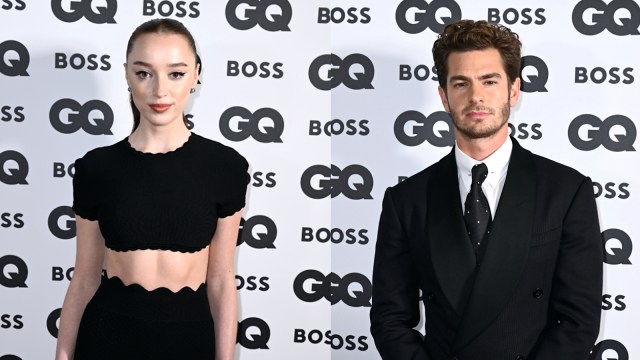Split photo of Phoebe Dyneyor and Andrew Garfield on the red carpet, both wearing black dress and suit, respectively