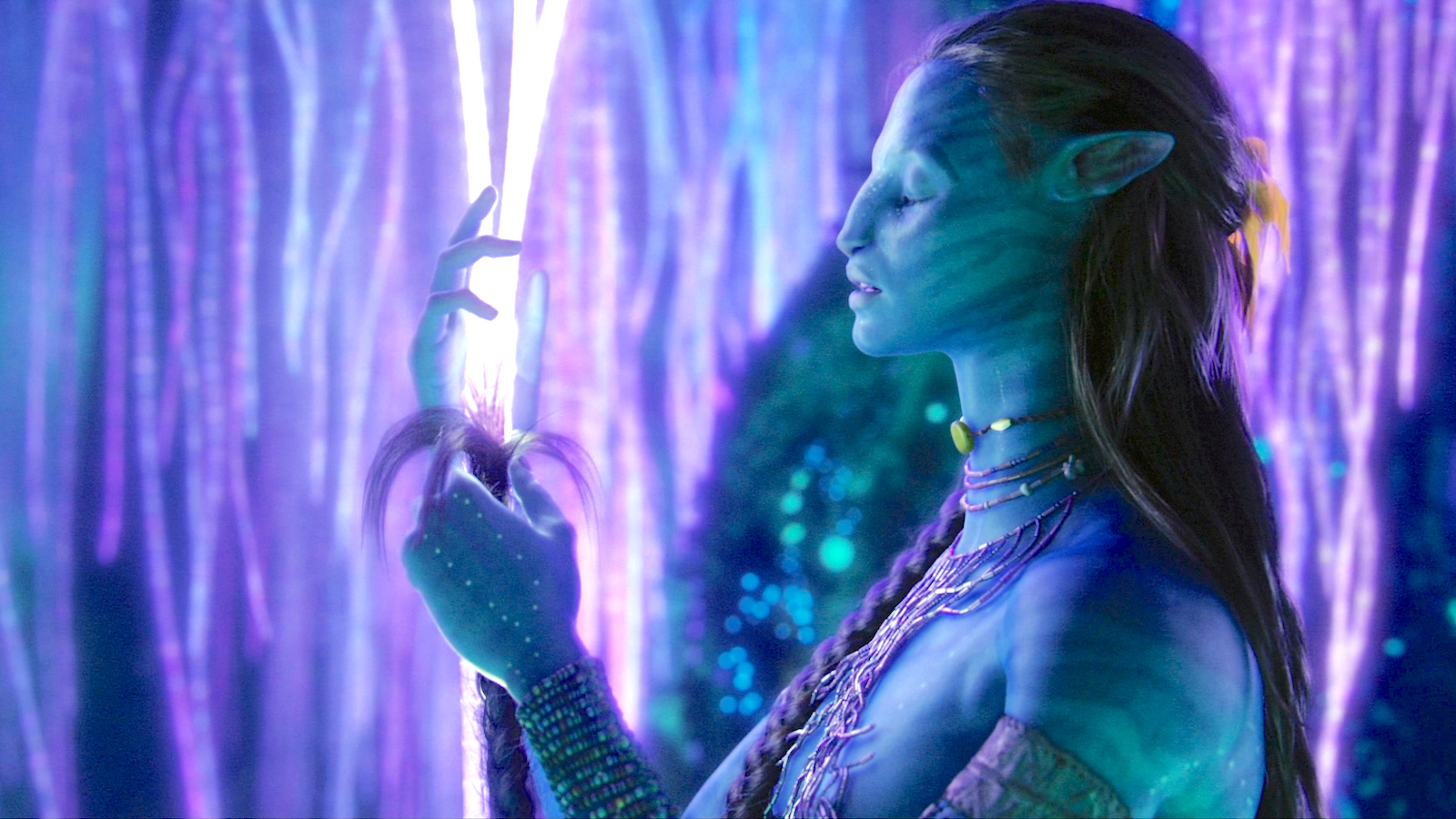 A Na’vi using the strands of her hair to connect with Eywa