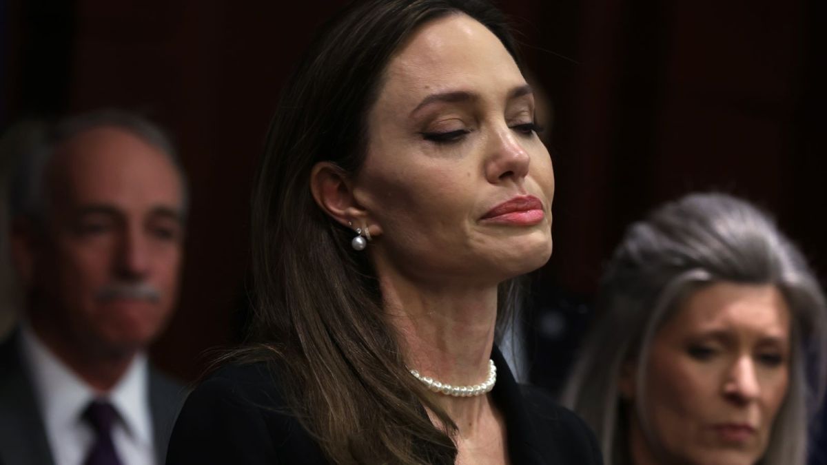 Actress Angelina Jolie speaks during a news conference at the U.S. Capitol February 9, 2022 in Washington, DC. A group of bipartisan U.S. senators held a news conference to announce a bipartisan modernized Violence Against Women Act (VAWA). (Photo by Alex Wong/Getty Images)