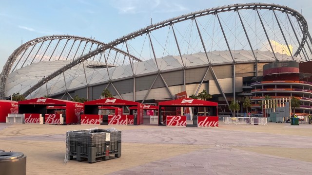 DOHA, QATAR - NOVEMBER 18: Budweiser stands are seen outside a stadium as Qatari Authorities confirmed today that no alcohol will be sold within the perimeter of the stadiums that will host the upcoming World Cup ahead of the FIFA World Cup Qatar 2022 on November 18, 2022 in Doha, Qatar