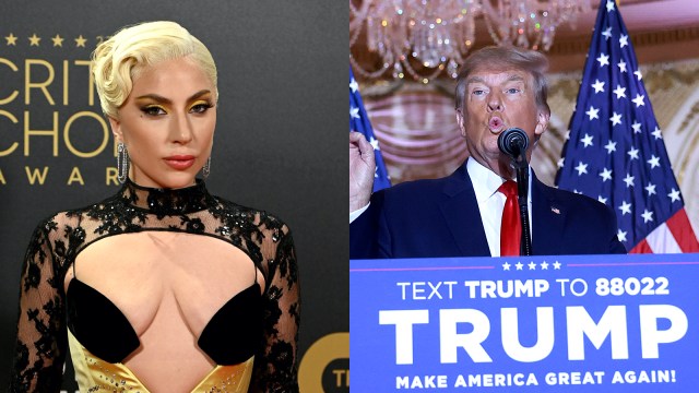 Two photos side by side of Lady Gaga and Donald Trump