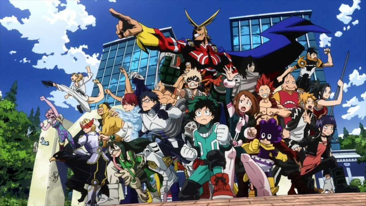 All Might and the Class 1-A students in My Hero Academia's season 1 opening.