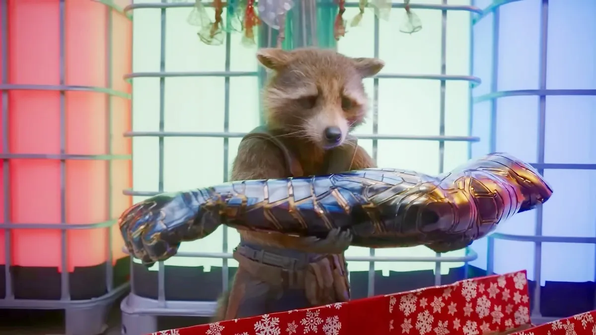 Rocket holding Winter Soldier's arm in Guardians of the Galaxy Special