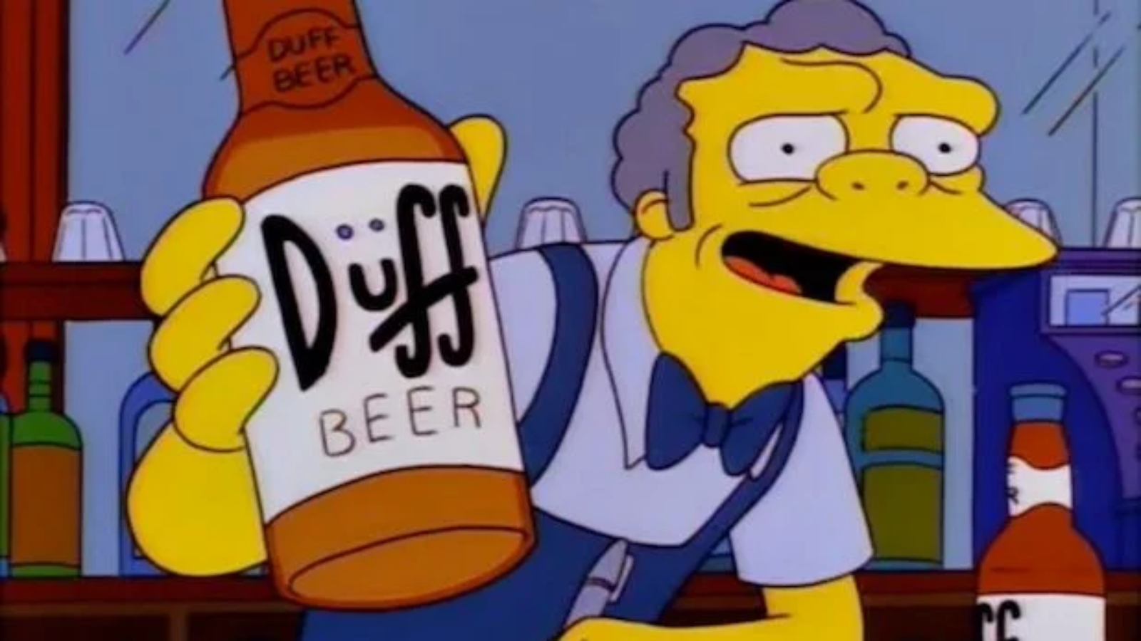 Moe from The Simpsons holding Duff Beer