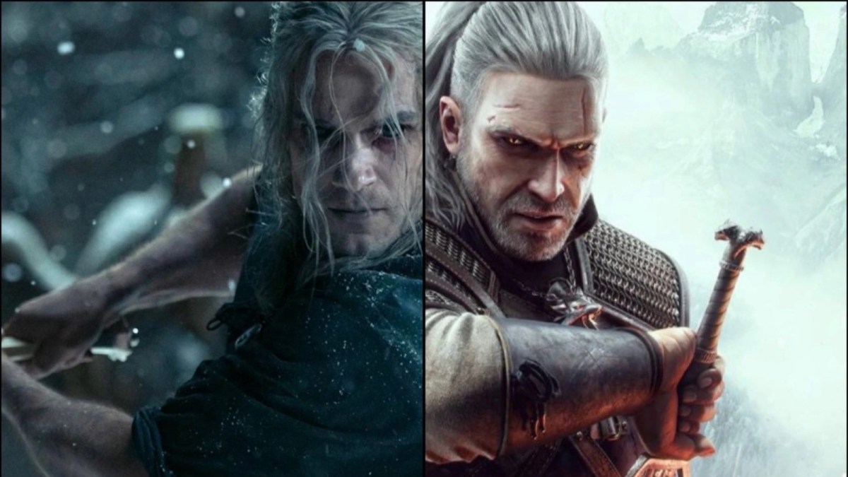 The Witcher series and game split image