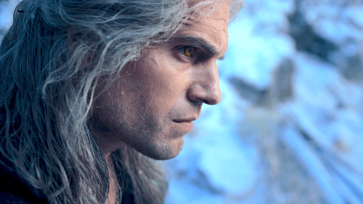 Profile of Geralt of Rivia (Henry Cavill) glaring
