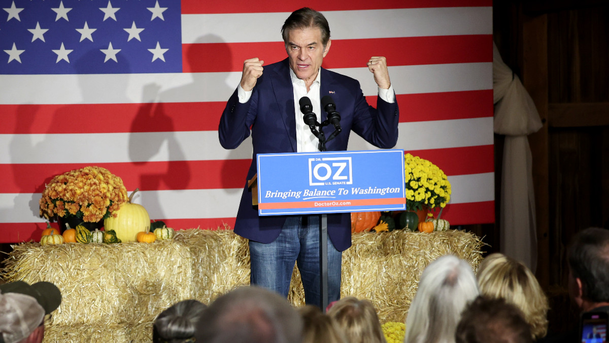 Republican U.S. Senate nominee in Pennsylvania Dr. Mehmet Oz speaks during a campaign event at the Ironstone Ranch at Stone Gables on November 2, 2022 in Elizabethtown, Pennsylvania.