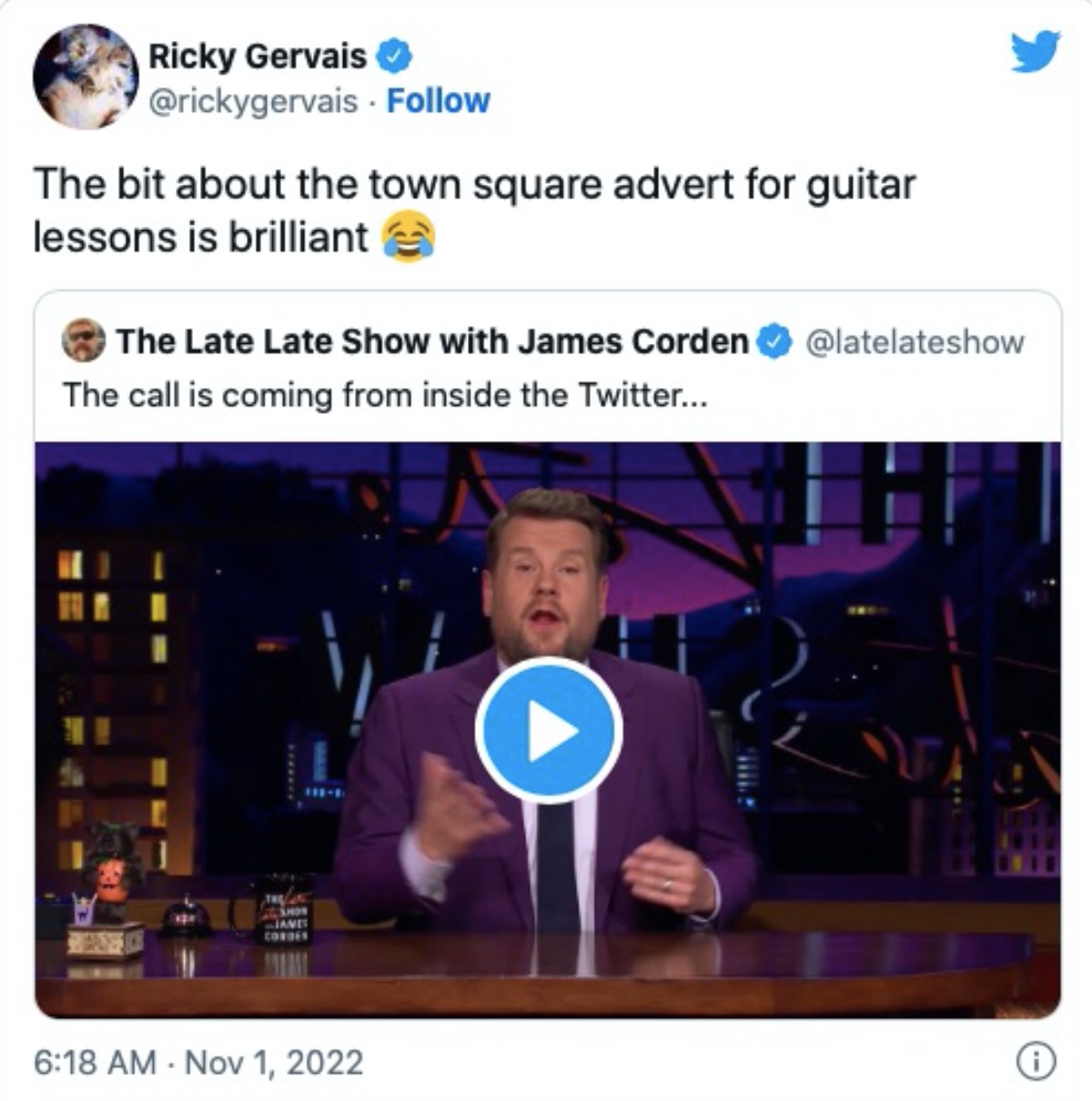 Screenshot of Ricky Gervais' Twitter