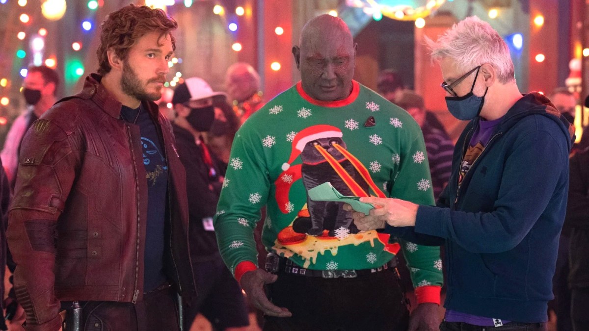Chris Pratt as Peter Quill/Star-Lord, Dave Bautista as Drax, and Director/Writer James Gunn behind the scenes of Marvel Studios' THE GUARDIANS OF THE GALAXY: HOLIDAY SPECIAL.
