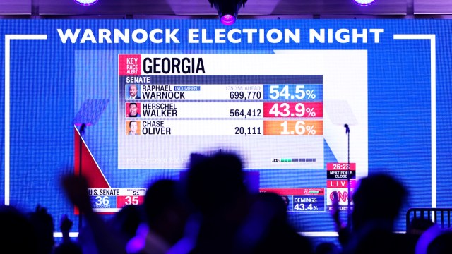 Early poll numbers are shown on a screen during the Election night party for Democratic Senate Candidate Raphael Warnock (D-GA) at Atlanta Marriott Marquis on November 08, 2022 in Atlanta, Georgia. Sen. Warnock is in a very tight race with Republican challenger Herschel Walker.