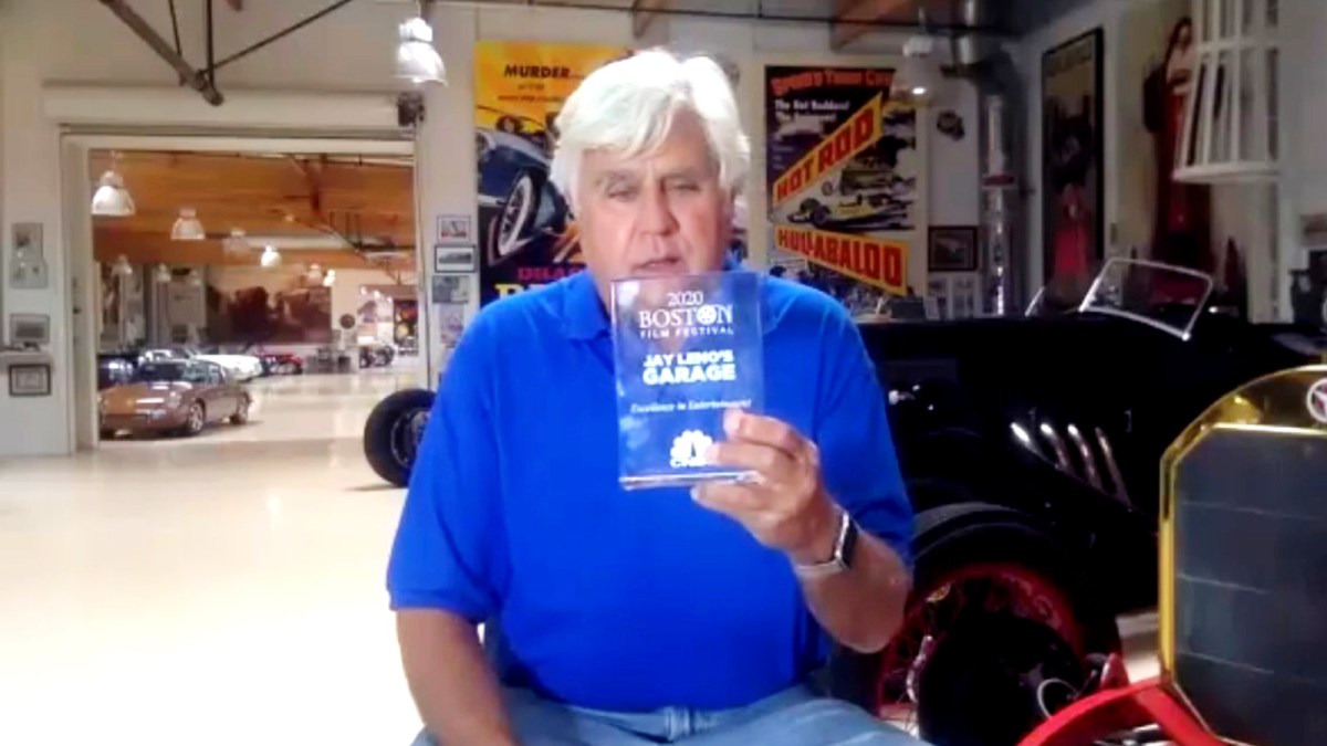 In this screengrab provided by NBC, Jay Leno receives an award for the 36th Annual Boston Film Festival’s Excellence In Entertainment Award for “Jay Leno’s Garage."