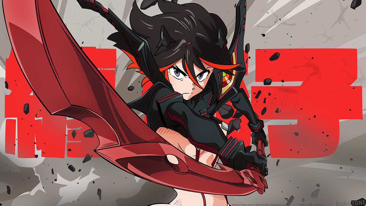A character is holding up a weapon in Kill la Kill.
