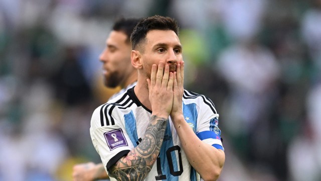Lionel Messi of Argentina shows dejection during the FIFA World Cup Qatar 2022 Group C match between Argentina and Saudi Arabia at Lusail Stadium on November 22, 2022 in Lusail City, Qatar.