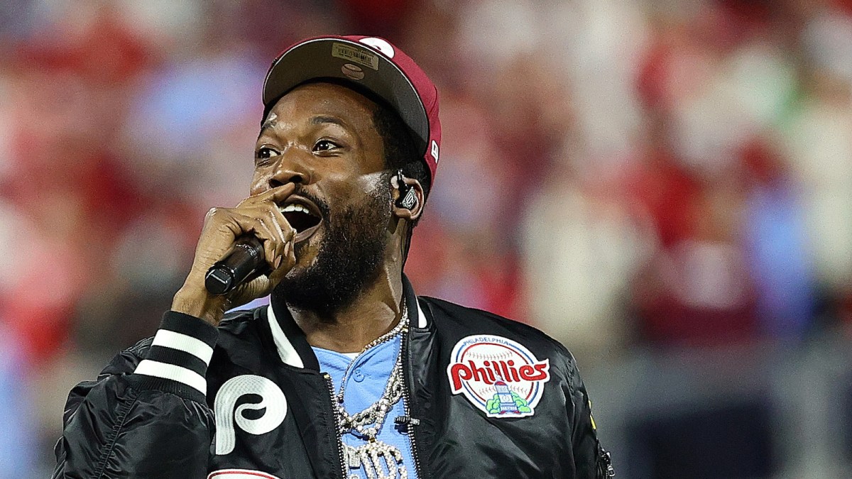 Rapper Meek Mill performs on the field prior to the start of Game Five of the 2022 World Series at Citizens Bank Park on November 03, 2022 in Philadelphia, Pennsylvania.