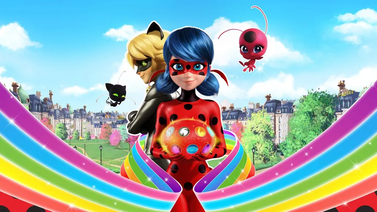 Plagg, Cat Noir, Ladybug, and Tikki in the poster art for 'Miraculous Ladybug'