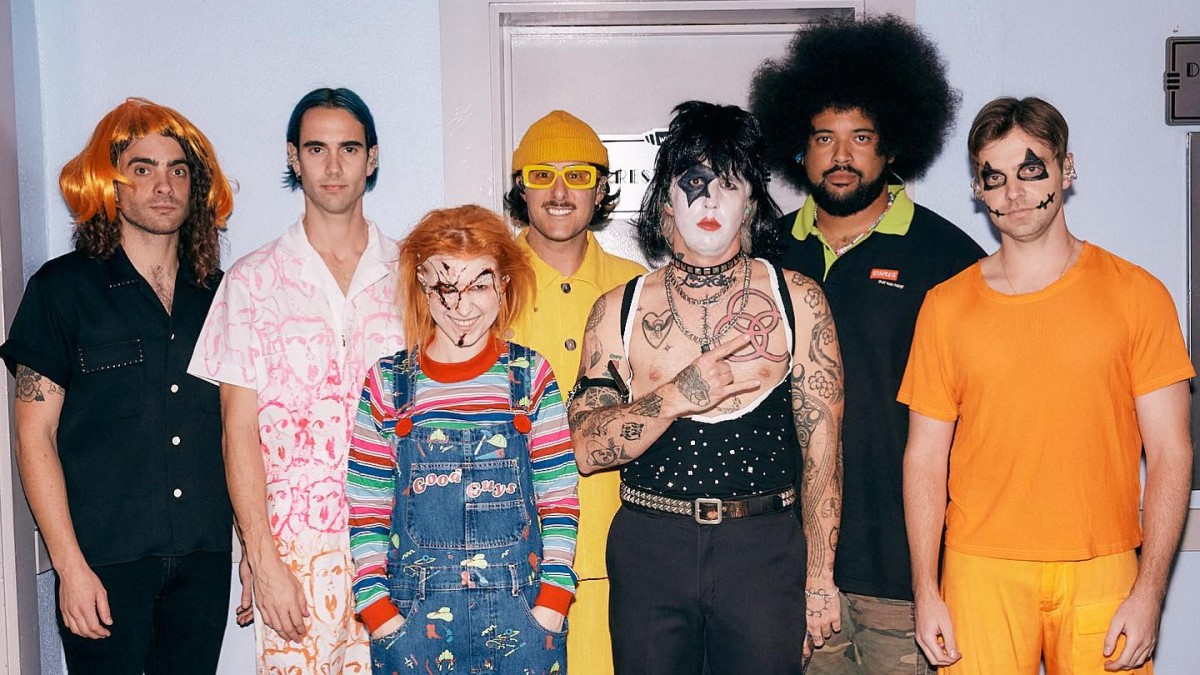 Paramore full-time and touring musicians (from left to right: Taylor York, Joey Howard, Hayley Williams, Zac Farro, Joey Mullen, Brian Robert Jones, and Logan MacKenzie) on Halloween 2022.