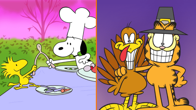 Snoopy and Woodstock breaking the wishbone in 'A Charlie Brown Thanksgiving' next to Garfield and a turkey posing for 'Garfield's Thanksgiving'