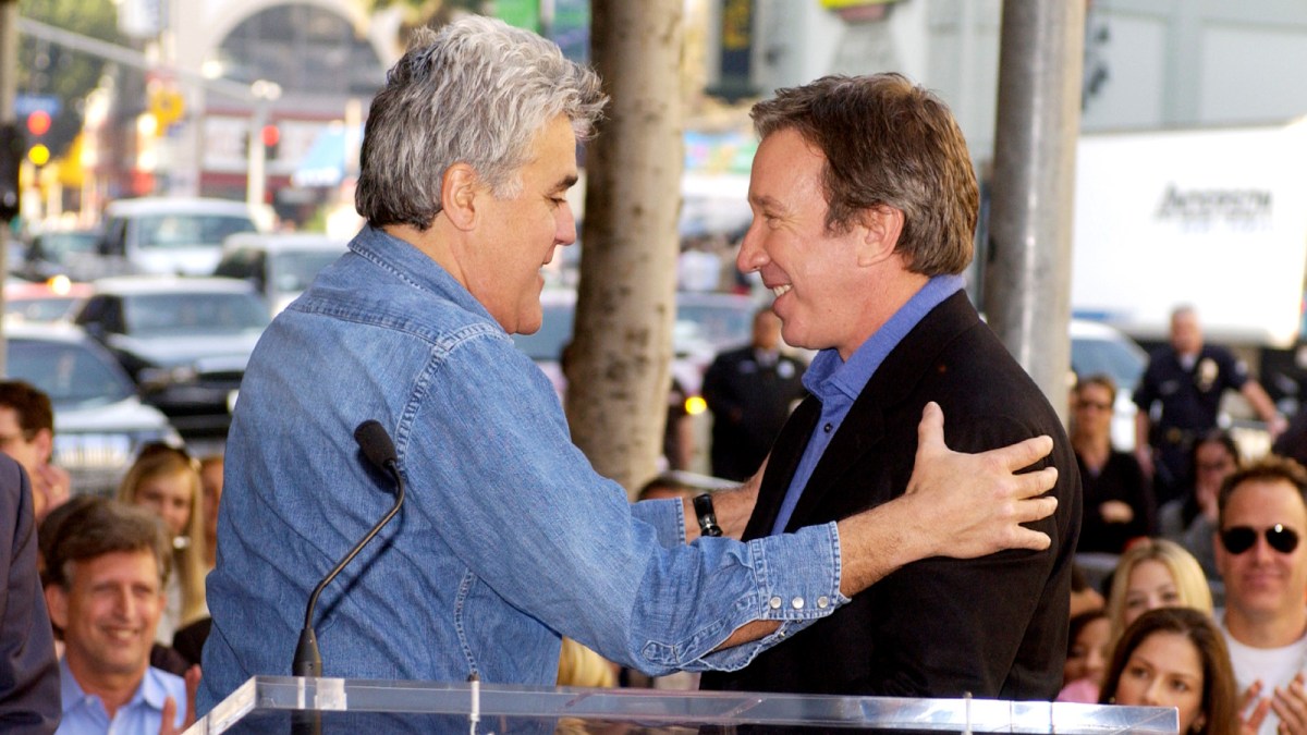 Comedian Jay Leno (L) attends the ceremony honoring actor Tim Allen (R) with a star on the Hollywood Walk of Fame on November 19, 2004 in Hollywood, California.