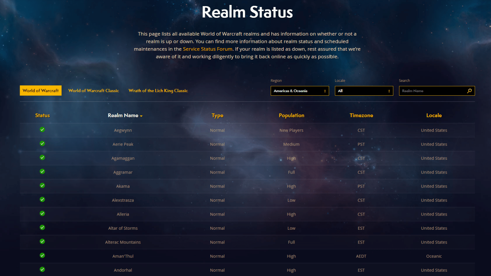 Warcraft status population. Wow status TGA.