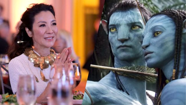 Michelle Yeoh is pictured next to Avatars from Avatar The Way of Water.