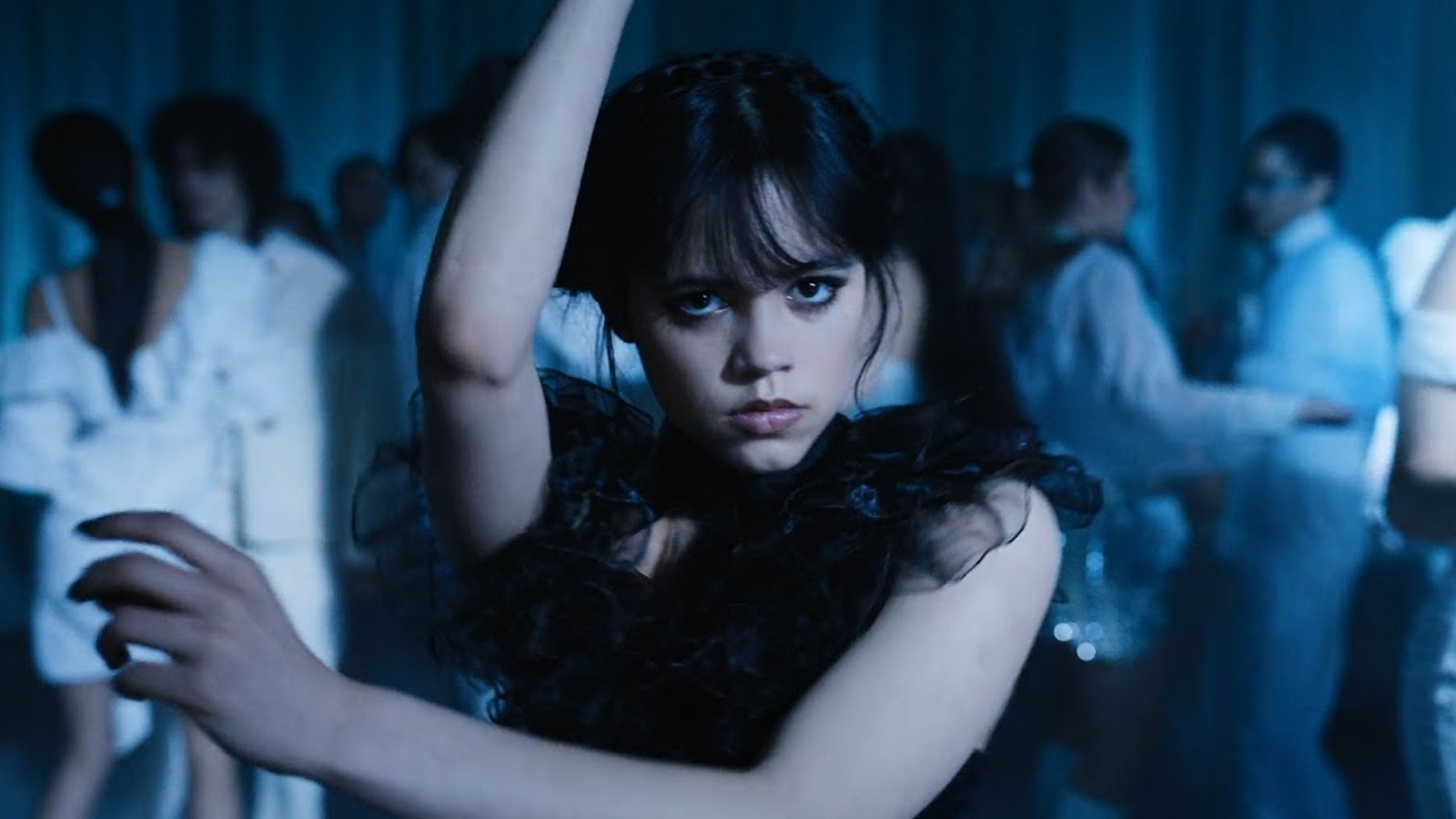 Jenna Ortega's dance scene from episode four of Wednesday is shown. 