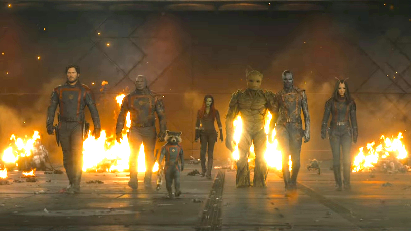 All of the Guardians from Guardians of the Galaxy Vol. 3 walking in a row