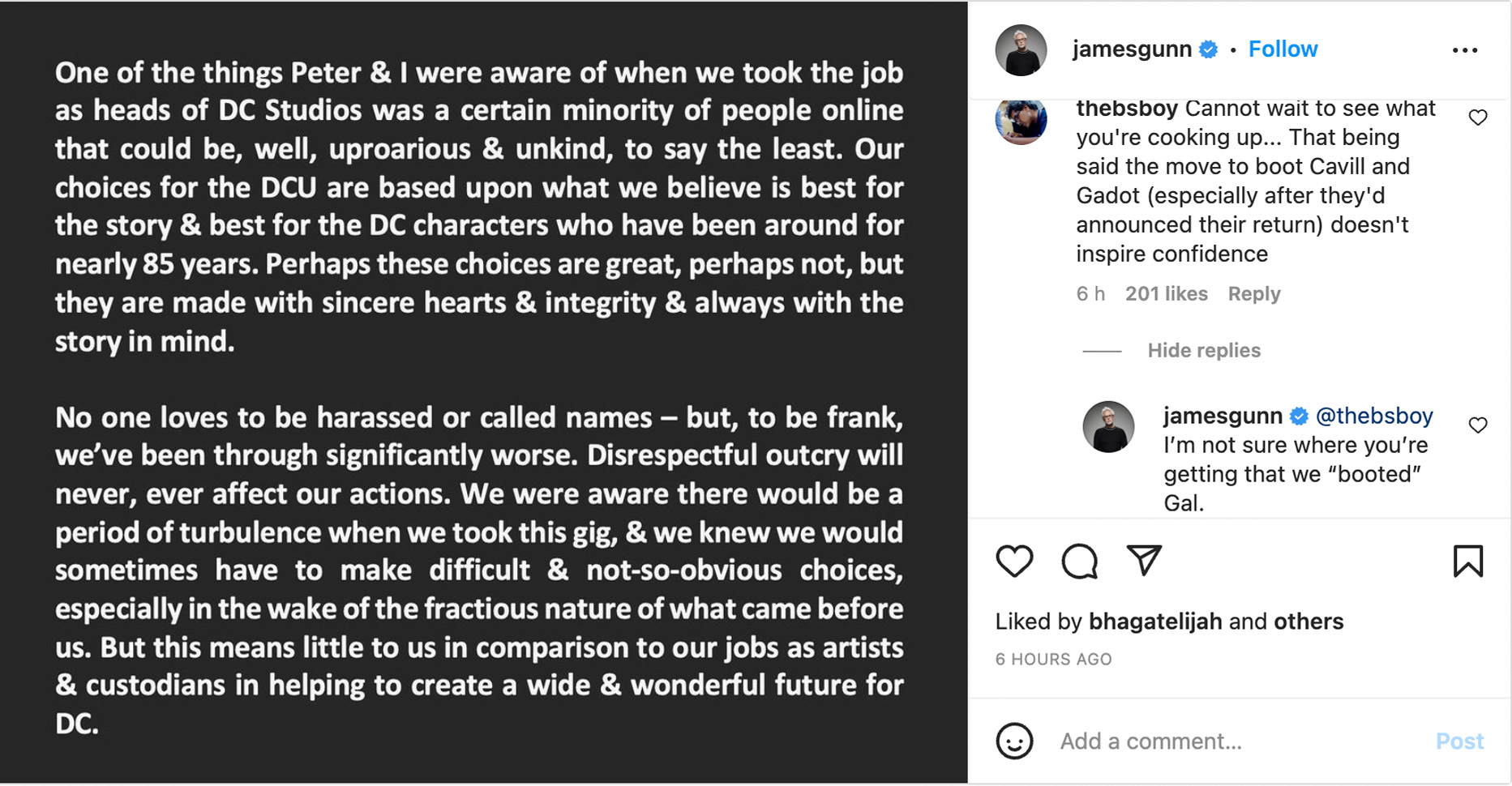 James Gunn addresses Gal Gadot rumors on Instagram