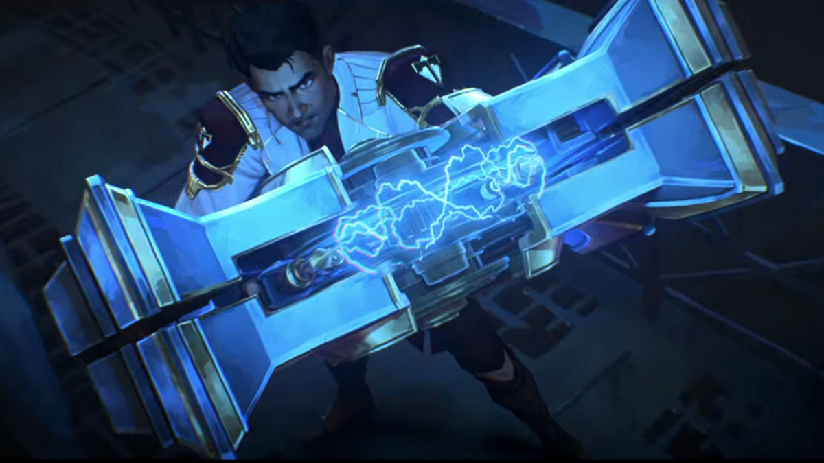 Jayce wields his Mercury Hammer in Silco's factory. 