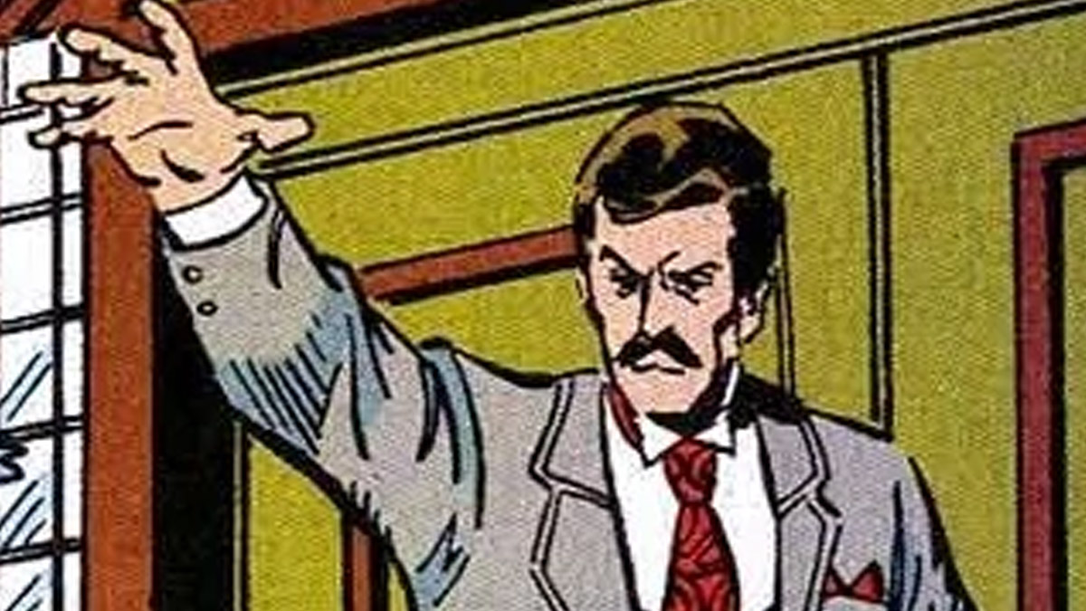 Victor Timely is holding his hand in the air in a Marvel comic.