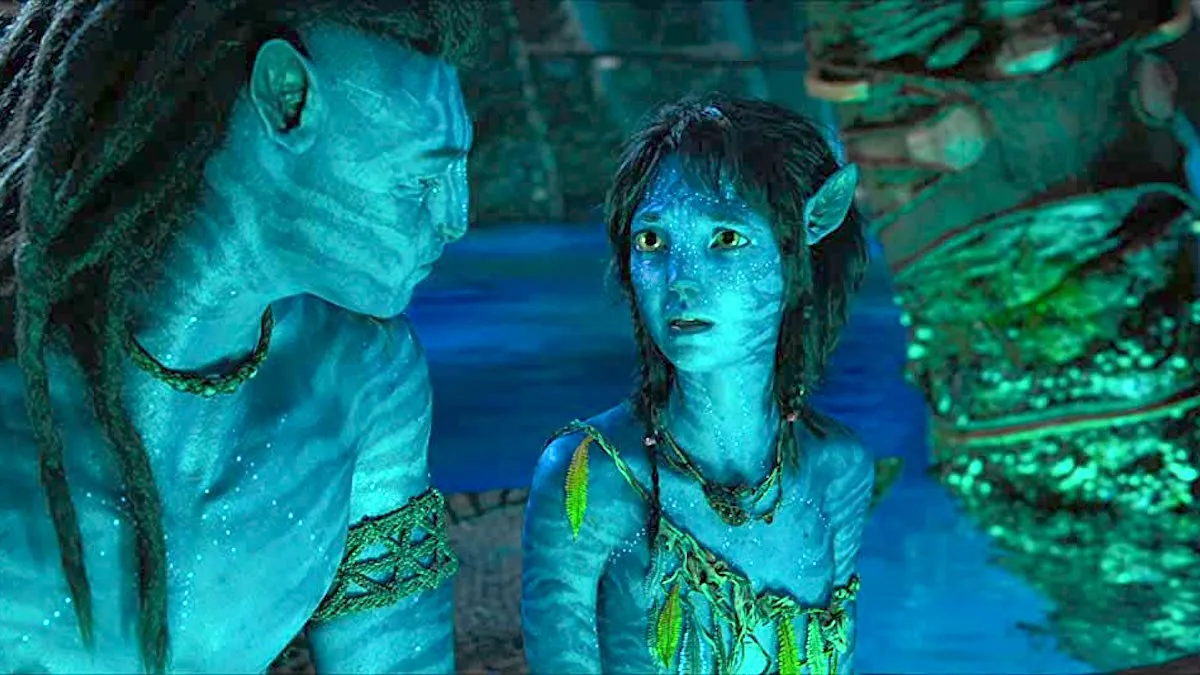Sigourney Weaver as Kiri and Sam Worthington as Jake Sully in 'Avatar: The Way of Water'