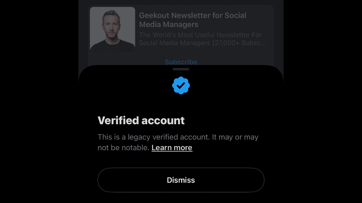 Twitter showing label next to 'legacy verified accounts' that 'may or may  not be notable