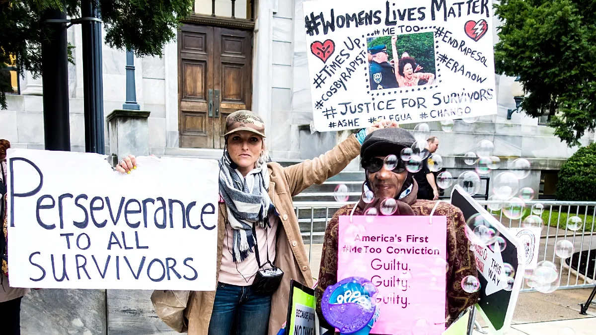 Artist and activist Bird Milliken is seen protesting during actor/ stand-up comedian Bill Cosby's first day of sentencing for his sexual assault trial at the Montgomery County Courthouse on September 24, 2018 in Norristown, Pennsylvania.
