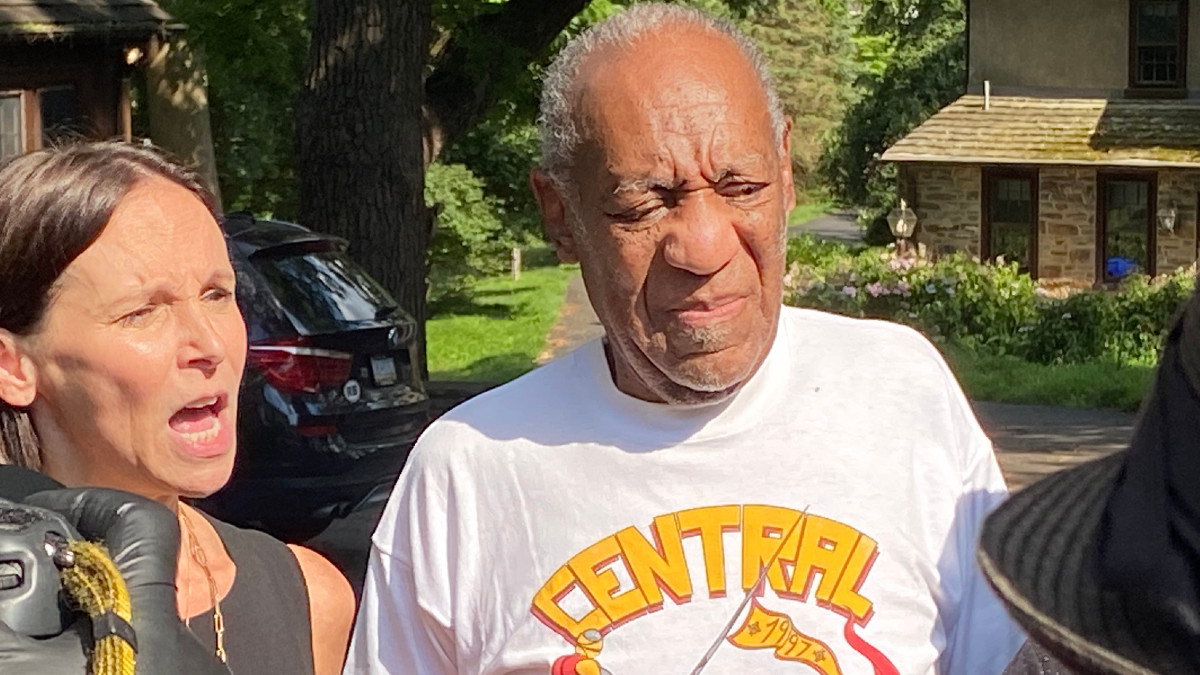 Attorney Jennifer Bonjean and Bill Cosby speak outside of Bill Cosby's home on June 30, 2021 in Cheltenham, Pennsylvania.