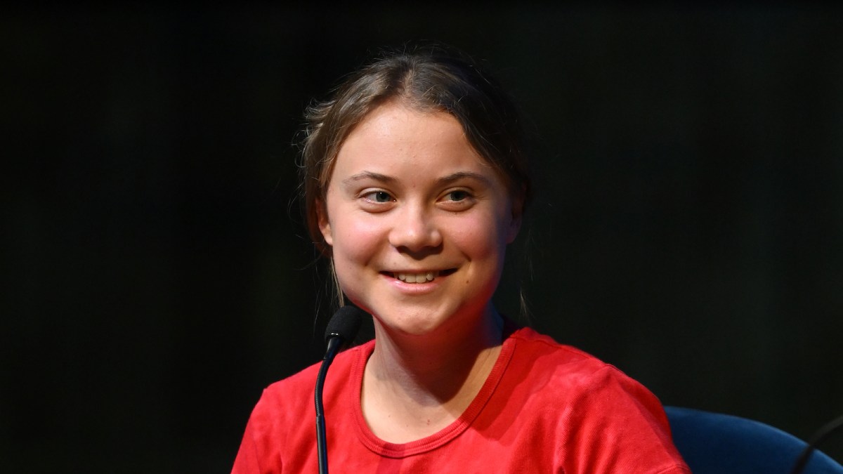 Greta Thunberg speaks on stage during the global launch of "The Climate Book" at The Royal Festival Hall on October 30, 2022 in London, England.