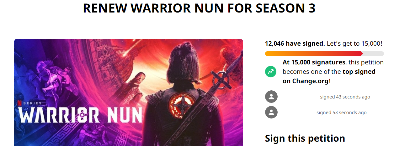 Petition · RENEW WARRIOR NUN FOR SEASON 3 ·