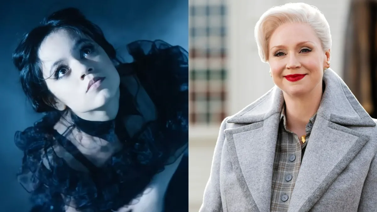 Jenna Ortega as Wednesday Addams and Gwendoline Christie as Principal Weems in 'Wednesday'