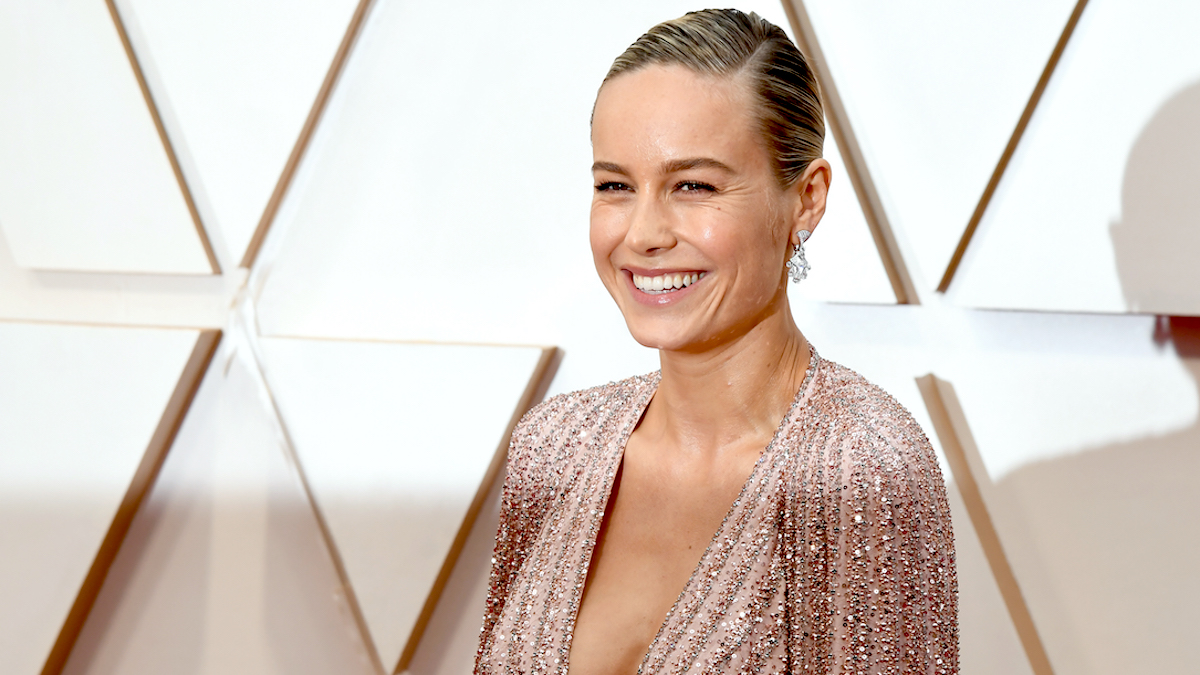 Brie Larson in a sparkly pink dress on the red carpet