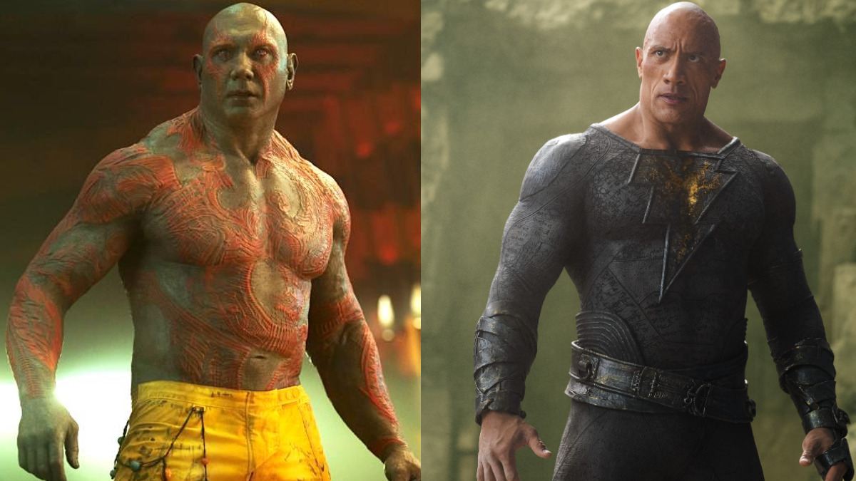 Dave Bautista and Dwayne Johnson as Drax in Marvel's 'Guardians of the Galaxy' and Black Adam in 'Black Adam'