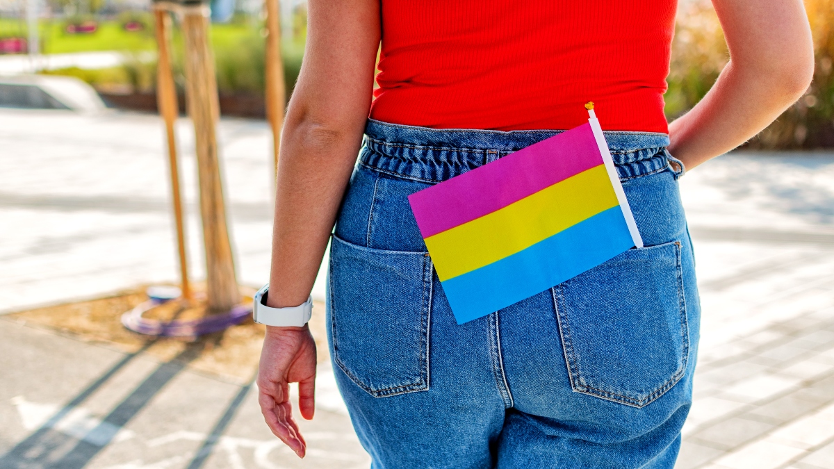 Small LGBT pansexual flag in jeans pocket - stock photo