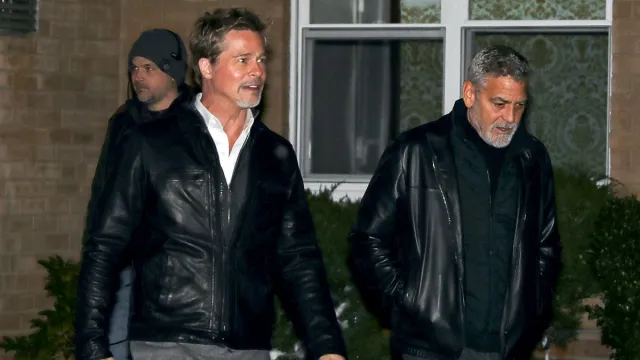 NEW YORK, NY - JANUARY 24: Brad Pitt and George Clooney arrive on the'Wolves' film set in Harlem on January 24, 2023 in New York City.