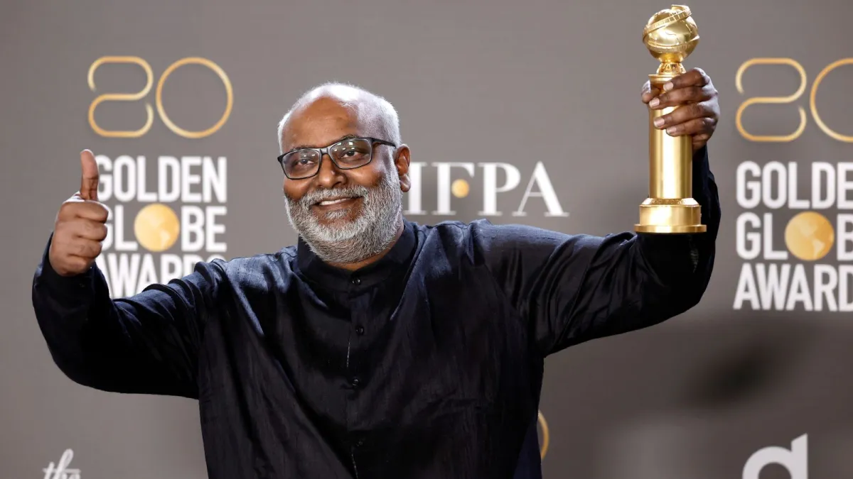 M. M. Keeravani poses with the Best Original Song Award for "Naatu Naatu" from "RRR" in the press room during the 80th Annual Golden Globe Awards at The Beverly Hilton on January 10, 2023 in Beverly Hills, California. (Photo by Frazer Harrison/WireImage)
