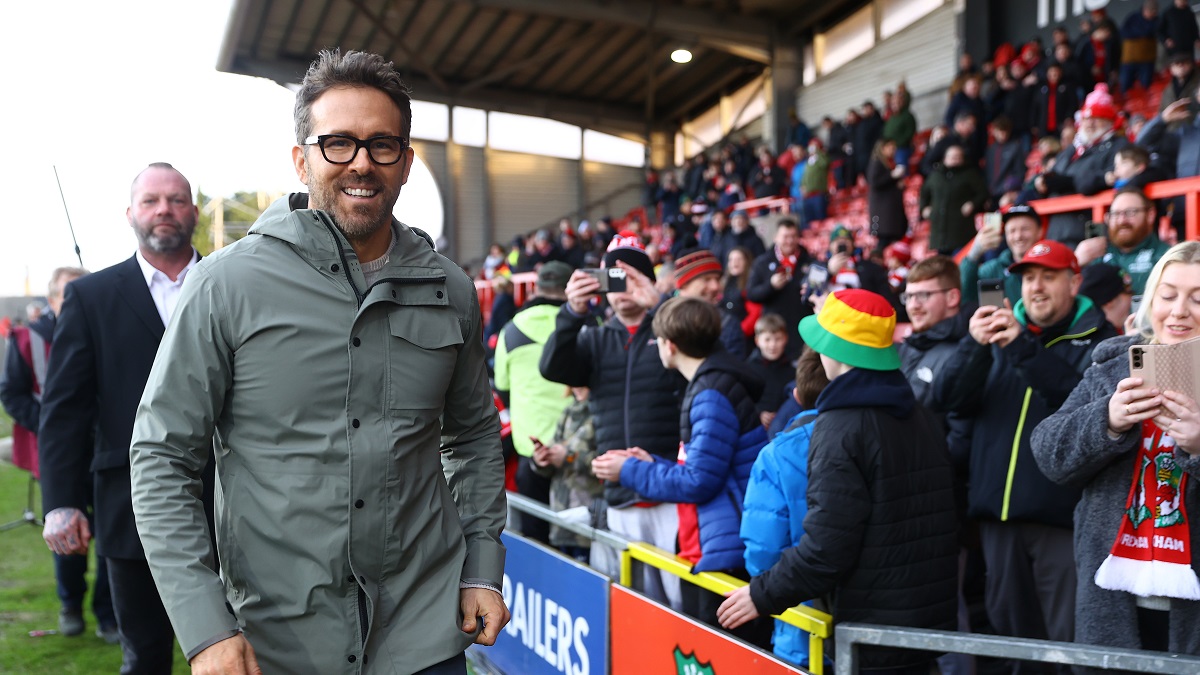 WREXHAM, WALES - JANUARY 29: Ryan Reynolds, Co-Owner of Wrexham pitchside ahead of the Emirates FA Cup Fourth Round match between Wrexham and Sheffield United at Racecourse Ground on January 29, 2023 in Wrexham, Wales.