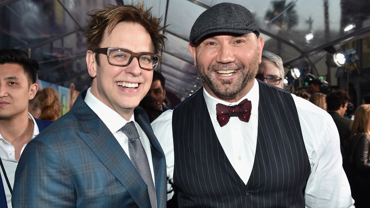 Director James Gunn (L) and actor Dave Bautista at the premiere of Disney and Marvel's "Guardians Of The Galaxy Vol. 2" at Dolby Theatre on April 19, 201