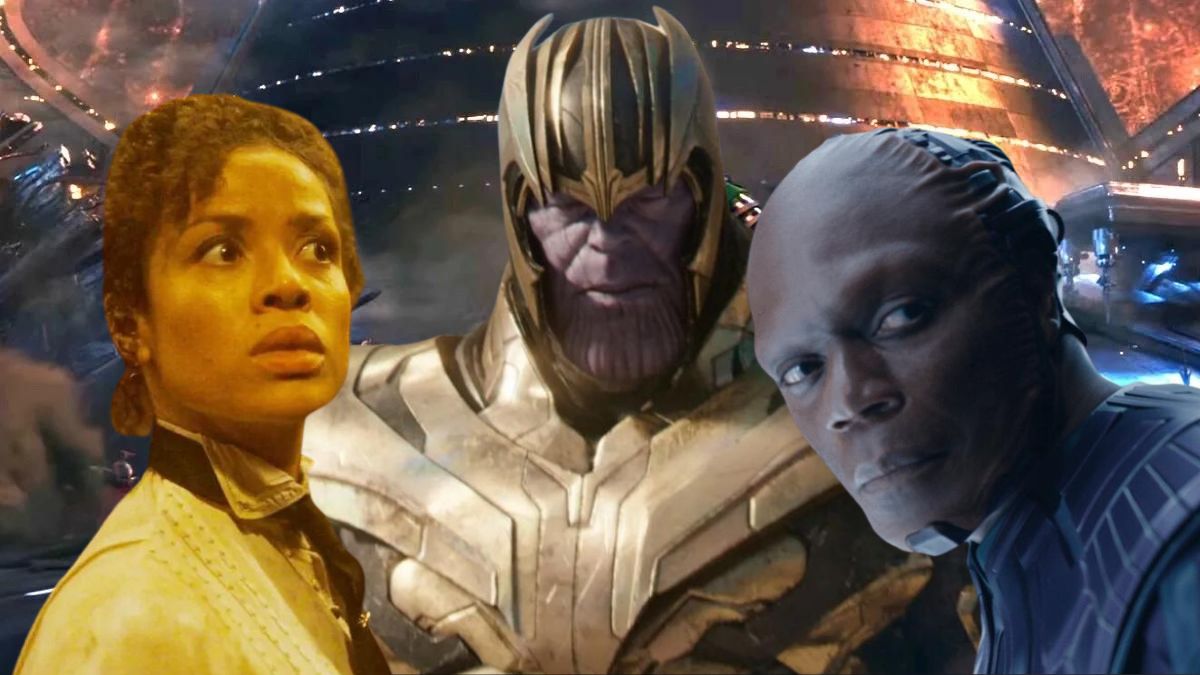 Ravonna Renslayer, Thanos, and the High Evolutionary superimposed over a still from Quantumania.