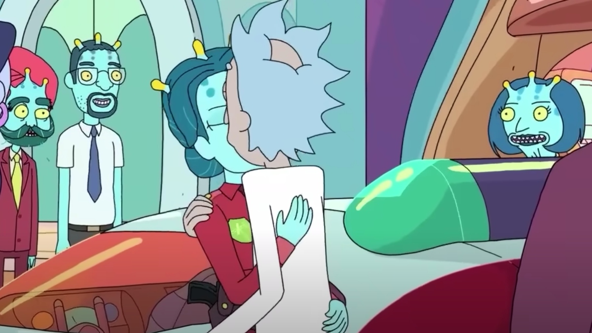 Rick Sanchez kissing Unity in Rick and Morty
