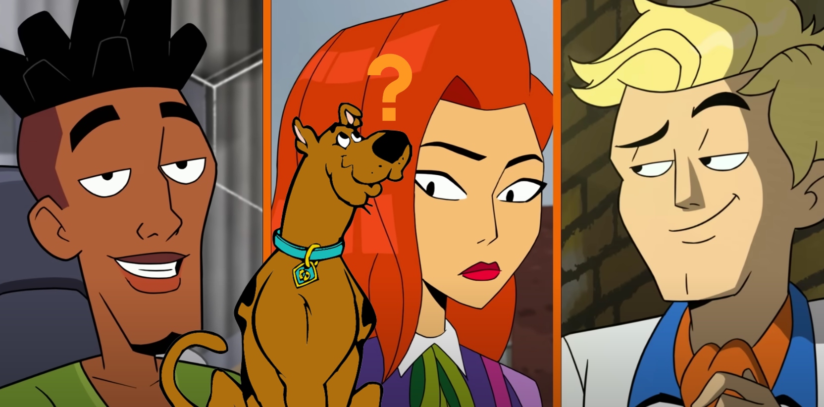 Shaggy, Daphne and Fred from 'Velma' overlapped by Scooby-Doo and an orange question mark