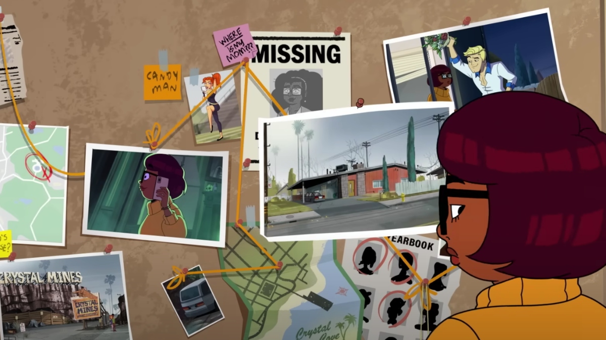 Velma looking at a pin board of clues
